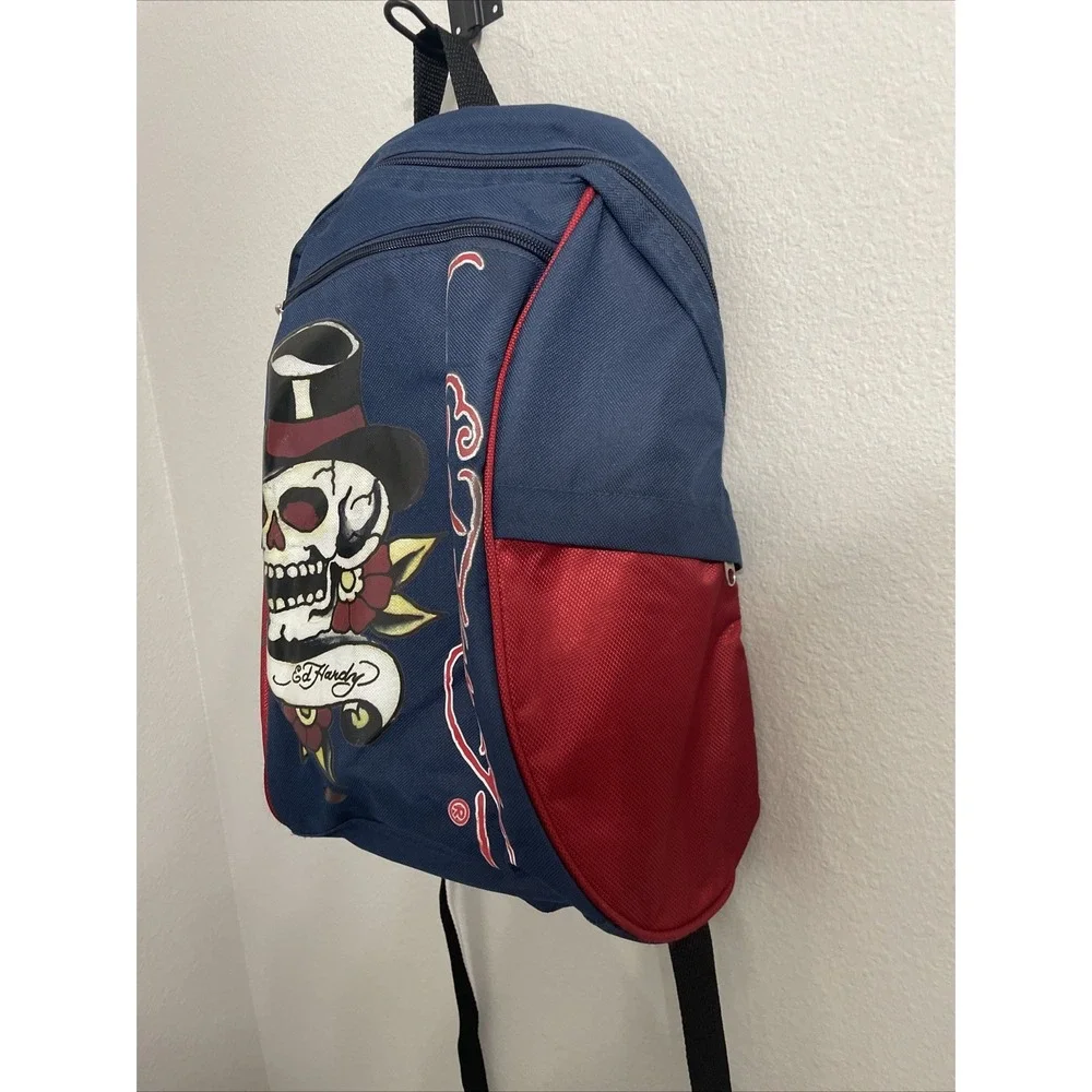 ED HARDY Skull with Top Hat‎ Zip Up Backpack With 4 Pockets Blue & Red